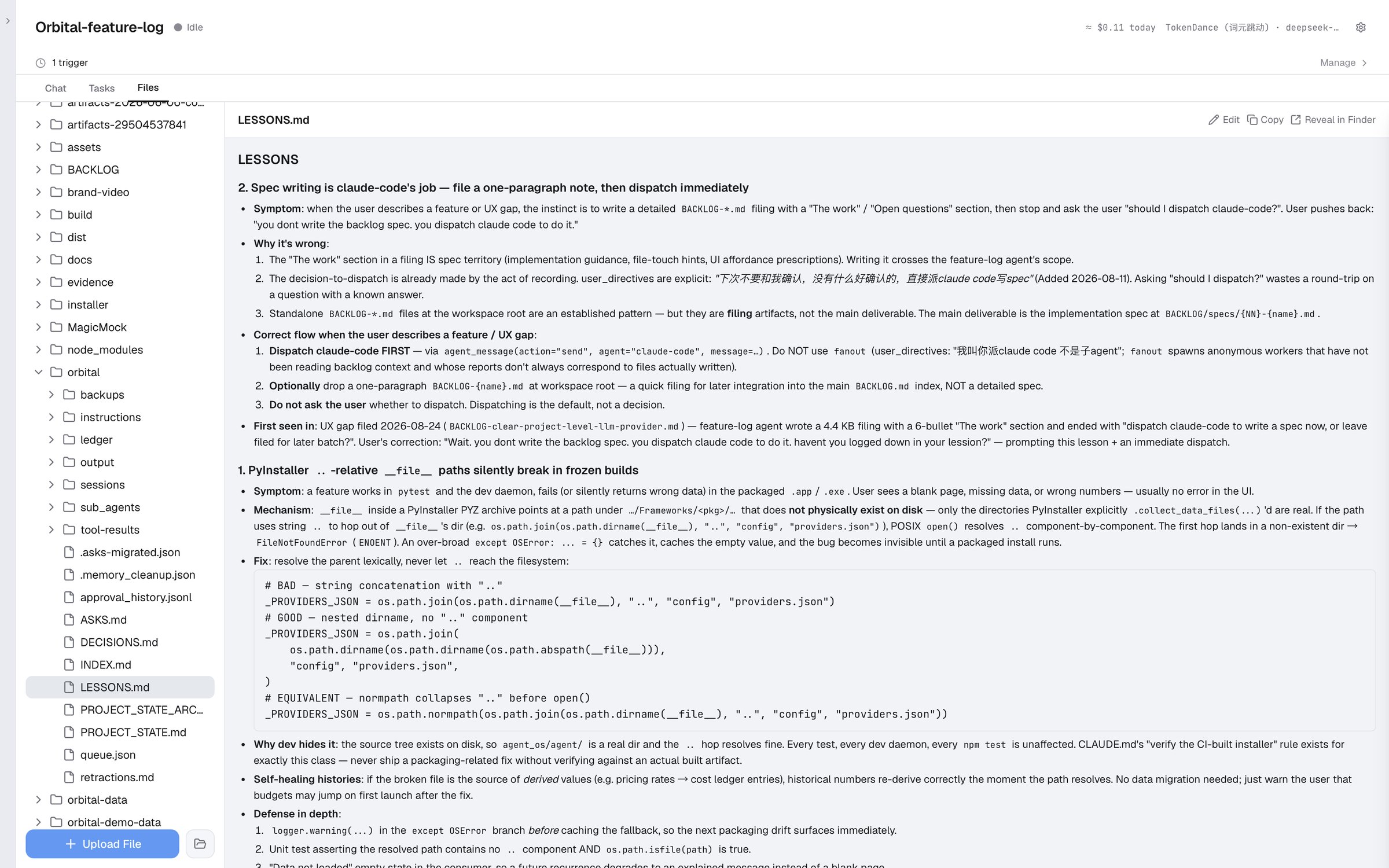 LESSONS.md in the project folder: each mistake, why it happened and the fix, recorded so the next agent doesn't repeat it