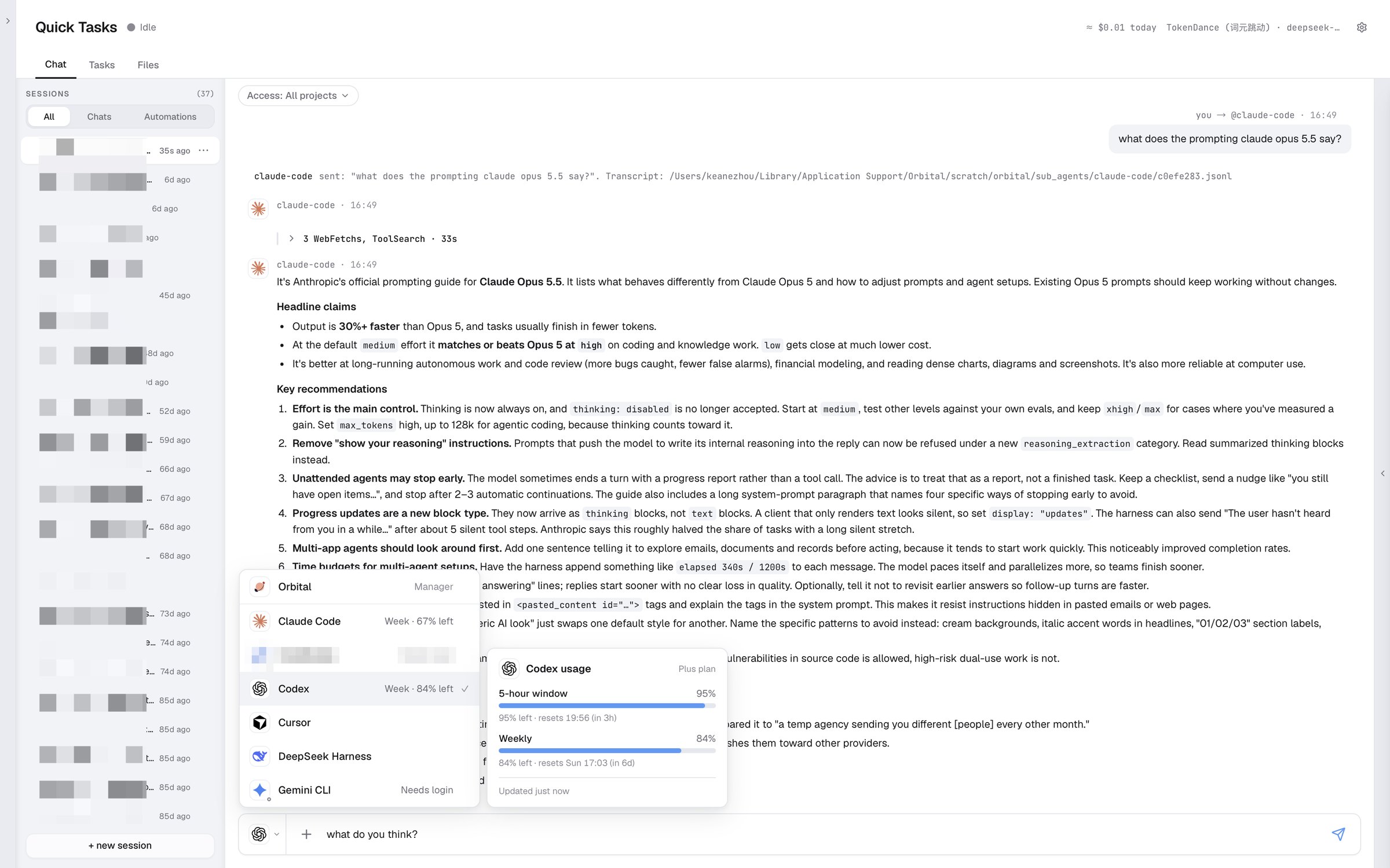Switching agents inside one conversation, with each agent's remaining usage