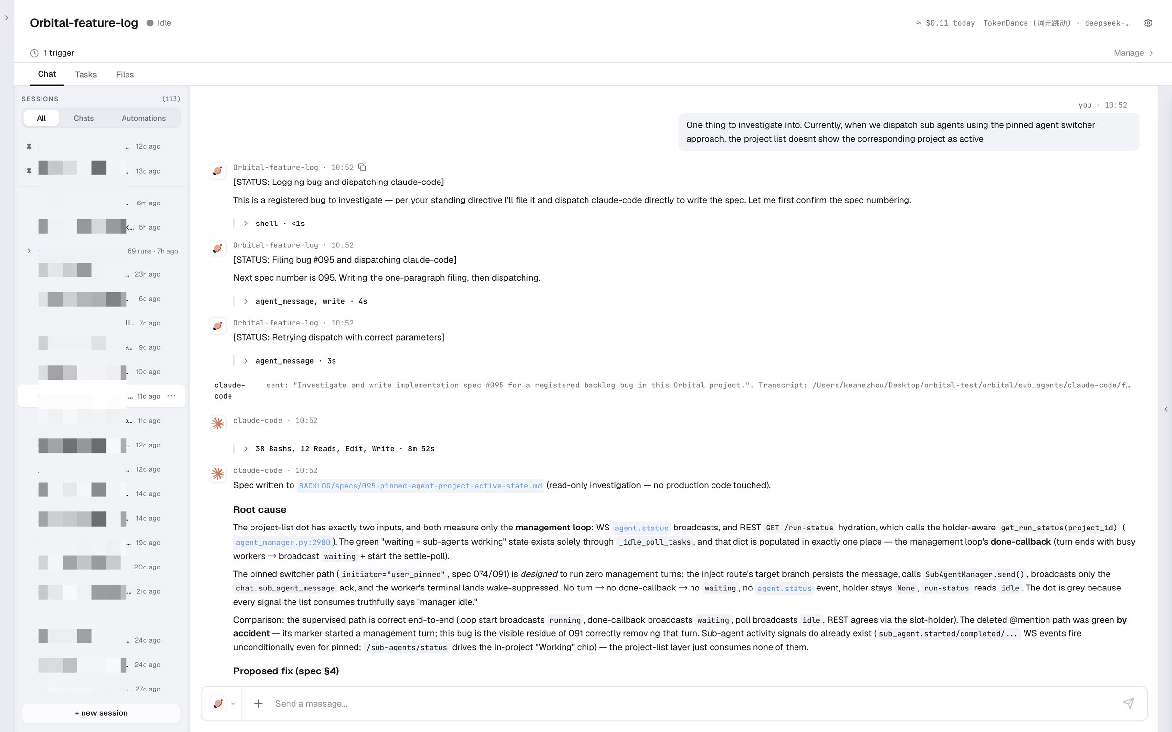 Orbital files a bug, hands it to Claude Code and gets back an implementation spec with the root cause